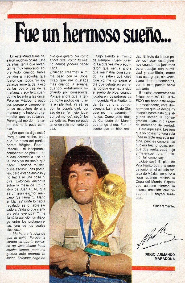 Artículo de Diego Armando Maradona tras ganar el Mundial de México 86 con su gol "la mano de Dios"
